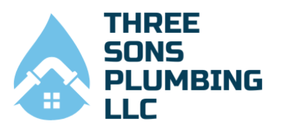 Three Sons Plumbing LLC logo: a water drop holding a pipe that forms the roof of a house